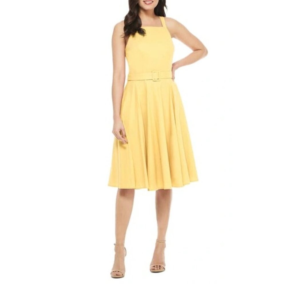 Gal Meets Glam Ruth Yellow Belted Linen Dress Fit and Flare Sleeveless 0